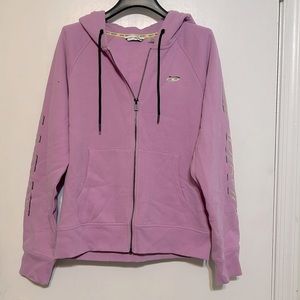DKNY sport hoodie. It’s XS but pretty roomy and unique purplish color.